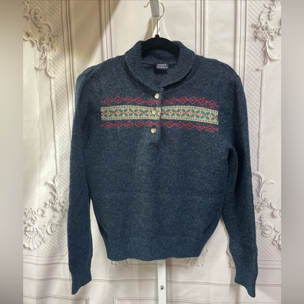 Gant Wool Dark Blue Women's Sweater with Holiday Pattern L but fits like S